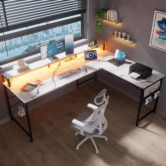 Pamray 64 Inch L Shaped Gaming Desk with Monitor Stand and Power Outlets | Large Corner Computer Desk With Pegboard & Led Lights USB Charging Ports for Home Office Study and Writing Bedroom and Dorms by PAMRAY