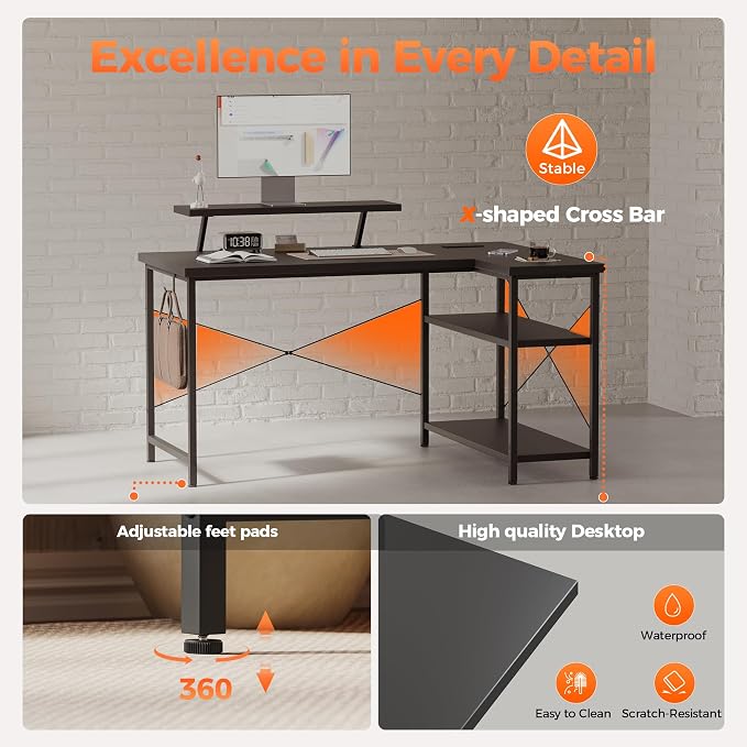 Mericonia 48 in Corner Desk with Monitor Stand, Small L Shaped Gaming Desk | Reversible Computer Desk with Power Outlets, LED Light & Storage Shelves, Office Table for Home Bedroom Study Work Writing - Image 6