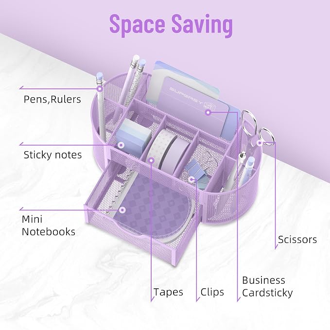 Mesh Desk Organizer with Drawer, 9-Compartment Pen Holder for Desk, Purple | Pull-Out Drawer Stores Pens, Pencils, Clips, Notes, and Small Office or School Supplies in One Compact Desk Caddy - Image 3