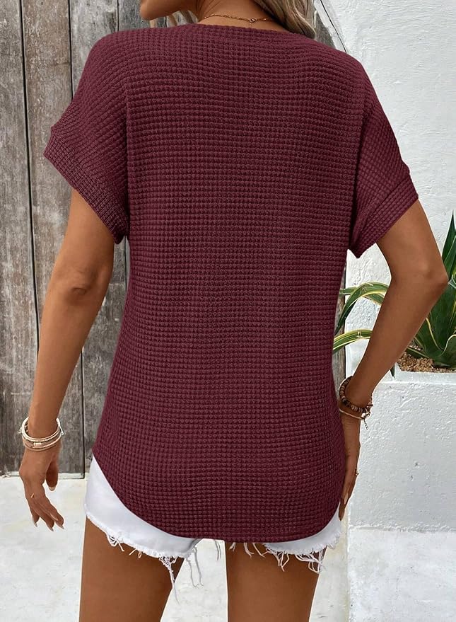 Dokotoo Womens Waffle Knit Tops 2026 Spring Summer V Neck Shirts Casual Trendy Women's Blouses Basic Tee - Image 4