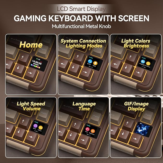 SOLAKAKA A75 PRO 75% Wireless Mechanical Keyboard with Screen and Knob, Tri-Mode Hot Swappable Gaming Keyboard, RGB Backlit Gasket Creamy Pre-lubed PBT Computer Keyboard for PC/Mac/Win,Brown - Image 6