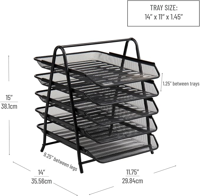 Mind Reader 5-Tier Paper Tray Organizer, Vertical Desktop File Storage Rack, Office, Metal Mesh, Black (Pack of 6) - Image 3