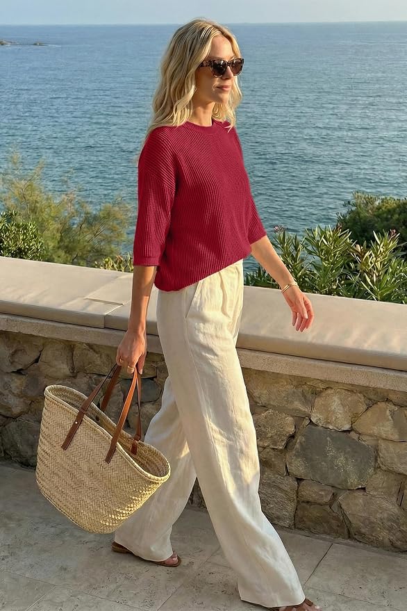 Arach&Cloz Womens Summer 100% Cotton Oversized Crochet Tops 3/4 Length Sleeve Sweater Hollow Out Casual Blouses 2026 - Image 5