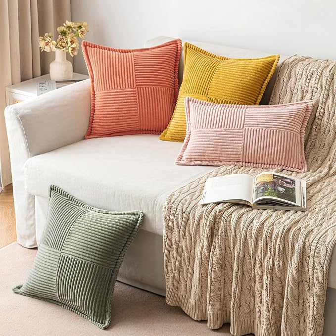 MIULEE Decorative Throw Pillow Covers for Couch Bed Livingroom 20x20 Inch Set of 2 Light Olive Green Boho Accent Throw Pllows Broadside Striped Patchwork Soft Corduroy Summer Pillowcases - Image 4