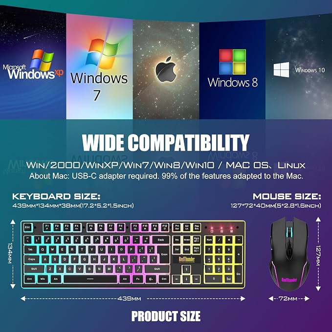 RedThunder K10 Wireless Gaming Keyboard and Mouse Combo, RGB Backlit Rechargeable 3800mAh Battery, Mechanical Feel Anti-ghosting Keyboard with Pudding Keycaps + 7D 3200DPI Mice for PC Gamer (Black) - Image 7