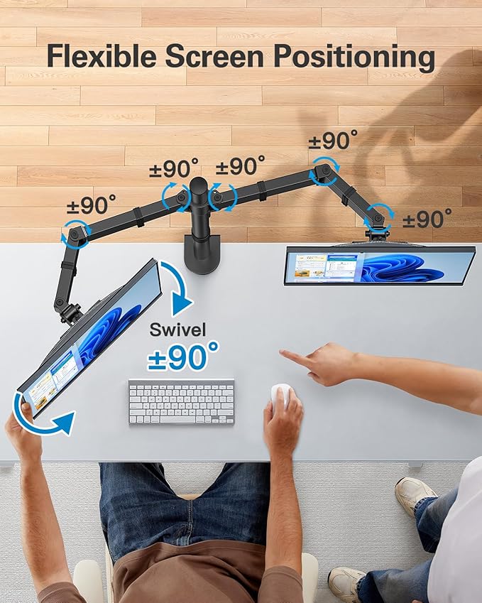 HUANUO Dual Monitor Mount for 13-32 Inch Screens, 17.6 lbs per Arm | Dual screen setup, tilt, swivel, rotation, 16.3 inch pole, cable clips, C-clamp or grommet, VESA 75x75/100x100mm - Image 5