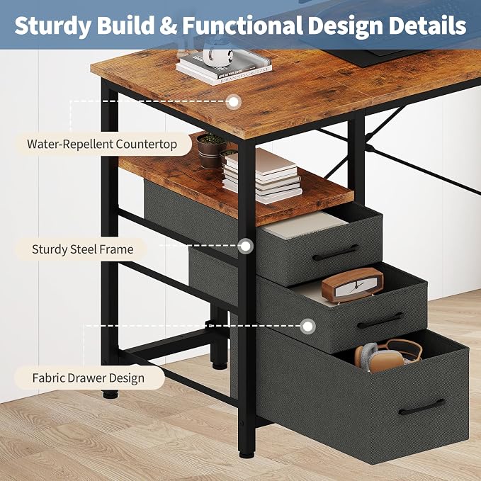 DUMOS 39 Inch Small Computer Desk with Storage, Fabric Drawers | Writing Table, Side Pocket, Space Saving Workstation, Home Office, Gaming Setup, Dorm Apartment, Rustic Brown - Image 5
