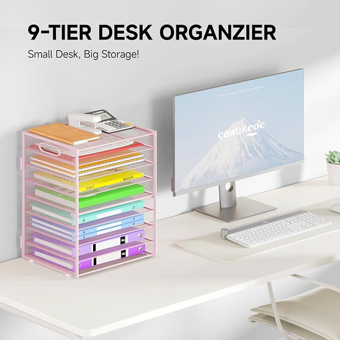 Cawukege 9 Tier Paper Organizer with Handle, Large Capacity Desk Organizer Mesh Paper Letter Tray File Folder Document Sorter for Classroom and Office Accessories Organization- Pink (2 Pack) - Image 2