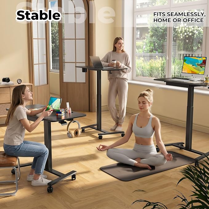 40"×20" Mobile Desk with Drawer, Rolling Desk with Storage | Height Adjustable Portable Laptop Desk on Wheels, Small Computer Desk with Cup Holder and Hooks for Study & Work, Black - Image 9