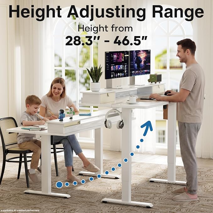 Veken 47x28 in Electric Standing Desk with Drawers, Adjustable Table, White | Stand up Computer Desk for Home Office, Work & Study, with Storage, 3 Memory Presets, Cable Organizer, Hook, and Quiet Lift. - Image 5