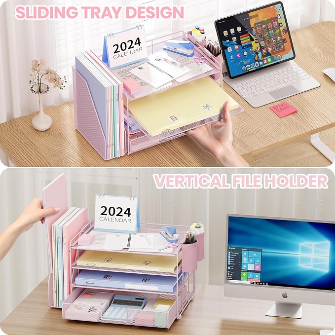 OPNICE Desk Organizer, 4-Tier Desktop File Organizer with Drawer and Pen Holders, Office Desk Accessories, File Sorters, Workspace Organizers for Office Supplies(Pink) - Image 5