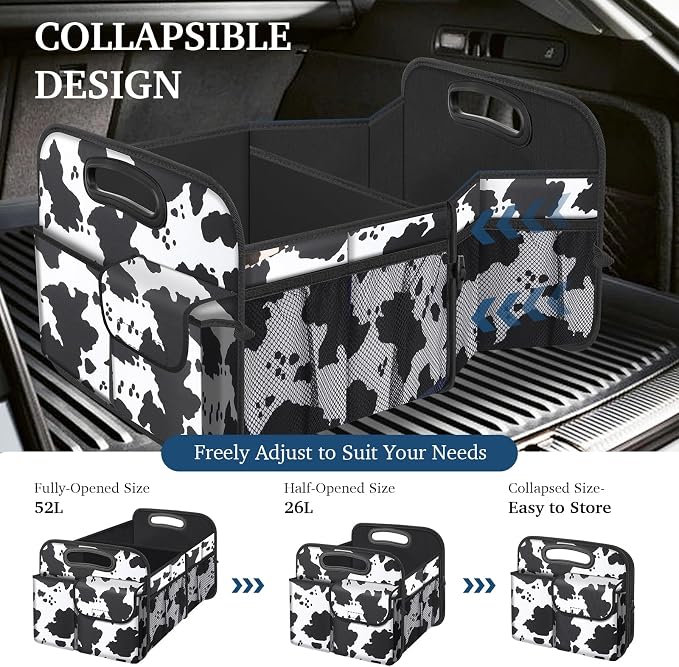 Femuar Car Trunk Organizer, Cow Print, Vintage Style, 52L Capacity, 4 Compartments, Waterproof, Non-Slip, Collapsible, 22.5"D x 18"W x 10.8"H - Image 4