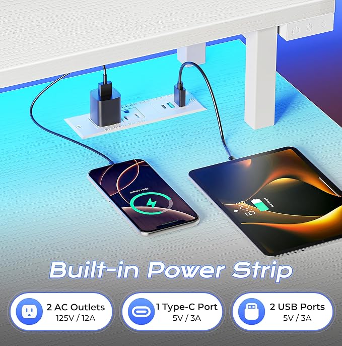PRAISUN 40 inch Gaming Desk, LED & Power Outlets, Monitor Stand, White | Sturdy PC Desk for Home Office, Study & Work, LED Lights, 4 AC Outlets & USB-C Charging Station - Image 5