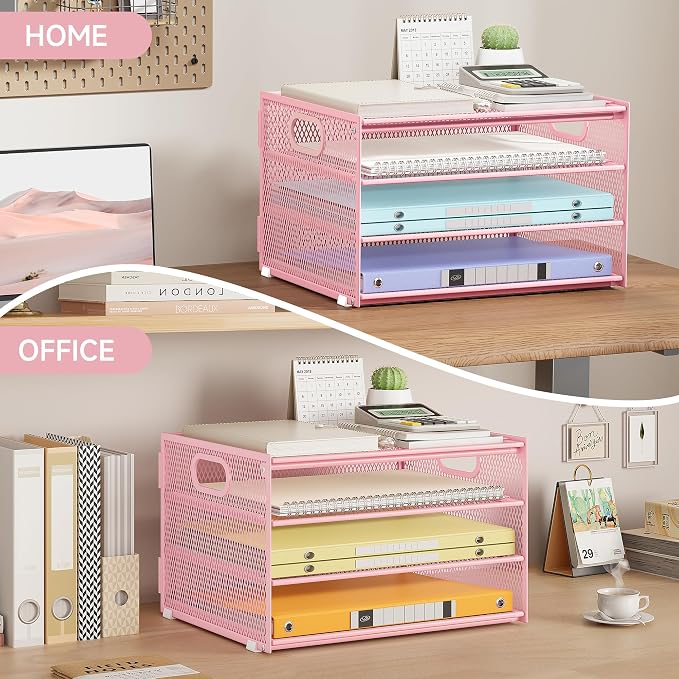 Subekyu Paper Letter Tray Organizer for Desk, Pink Metal Mesh Desk File Sorter Organizer with Handle and 2 Sliding Trays for Home Office School Supplies Organization - Image 4