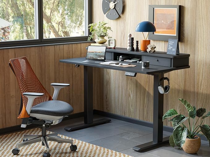 TIQLAB Standing Desk with Two Drawers, Stand Up Standing Desk Adjustable Height, Electric Sit Stand Table with Storage Shelf and Splice Board, 55 * 24 inch, Black - Image 2