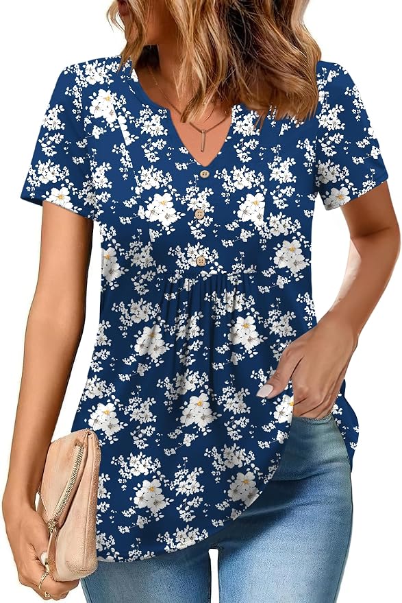 Zeagoo Womens Short Sleeve Tops Summer Henley V-Neck Tshirts Casual Pleated Blouse Dressy Loose Floral Basic Tee - Image 2