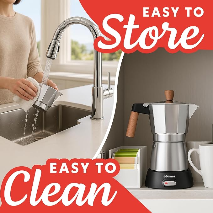 Gourmia Electric Moka Pot Espresso Maker – 6 Shot Italian-Style Coffee Brewer, 550W Detachable 360° Cordless Base, Food-Grade Aluminum, Beechwood Handle - Image 7