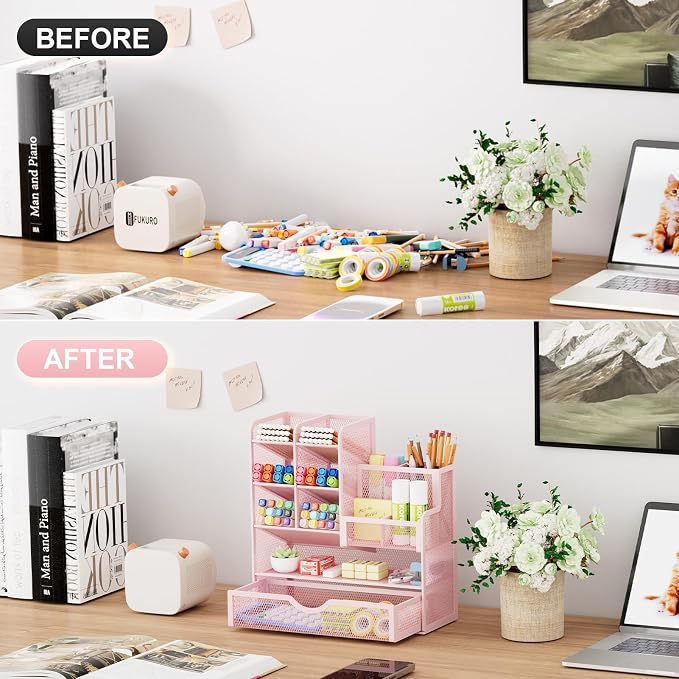 Marbrasse Mesh Desk Organizer with Drawer, Multi-Functional Pencil Organizer, 12 Compartments, Pink, Modern, Minimalist - Image 3