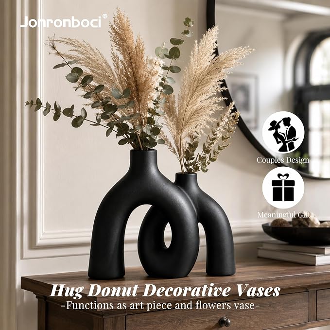 Matte Black Vase Set - Hug Hollow Donut Aesthetic Ceramic Vases Home Decor, Modern Nordic Minimalist Decorative Vase for Table Centerpiece Bookshelf Office Entryway Console Fireplace (Black) - Image 2