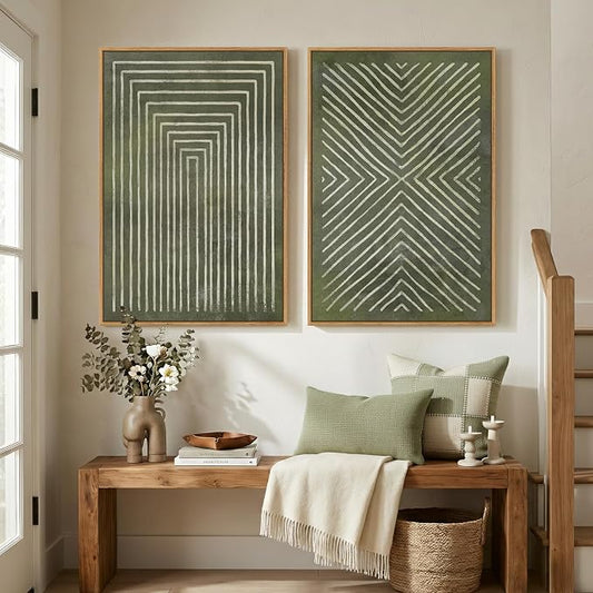 Large Framed Green Abstract Wall Art, 2 Piece Modern Canvas Prints Paintings, Minimalist Sage Green Geometric Pictures for Living Room Dining Room Bedroom Office Hallway Lounge Wall Decor 24x36 In by Cuspin