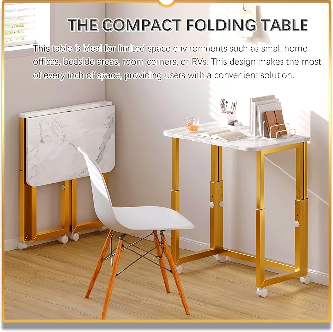 4NM No Tool Assembly 23.6" Small Desk, Folding Portable Desk with Wheels, Adjustable Height Foldable Computer Home Office Desks, Collapsible Study Writing Table for Space Saving Bedroom - White Gold - Image 3