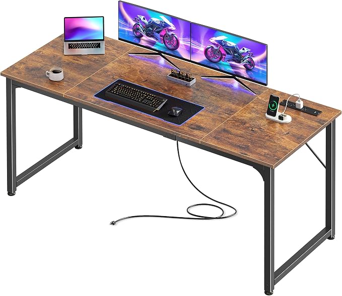 PRAISUN 63 X 24 Inch Computer Desk, Power Outlets, USB-C, Rustic Brown | Office Desk with 4 AC Outlets, USB & USB-C, Sturdy Metal Frame, Spacious Desktop for Work, Writing, Study & Gaming by PRAISUN