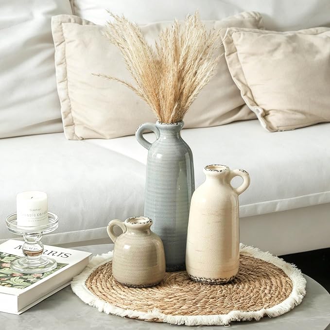 Ceramic Vases Set of 3, Neutral Rustic Farmhouse Vase with Handle, Decorative Flower Vases Home Decor Modern Boho Pampass Vase for Table Mantel Entryway Shelf Living Room Kitchen Bathroom - Ocean - Image 6