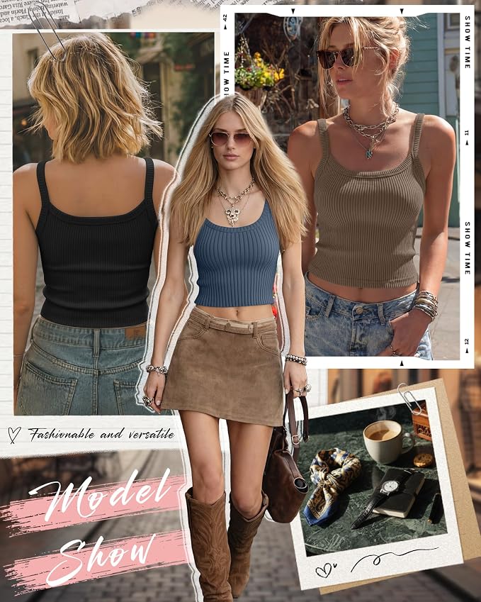 Ficerd 3 Pack Women's Tank Tops 95% Cotton Spaghetti Strap Ribbed Crop Camisole Slim Fitted Basic Summer Sleeveless Layer - Image 3