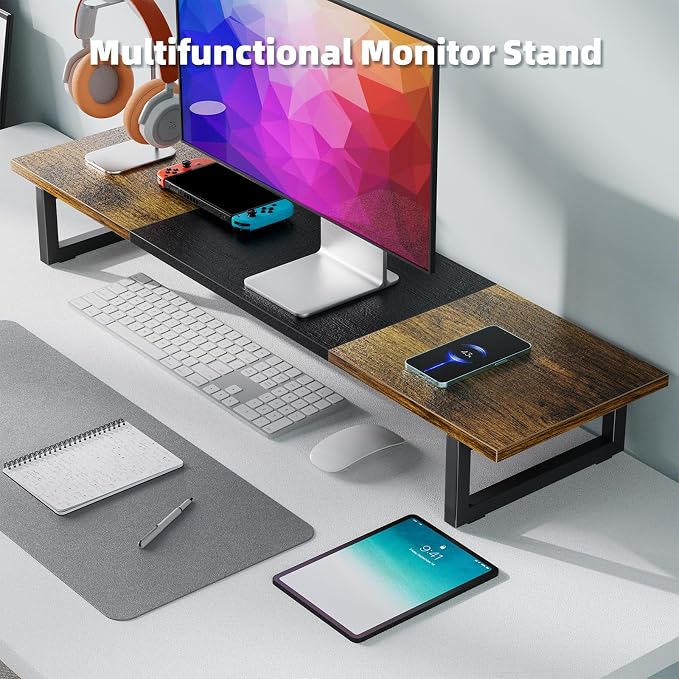 Simple Trending 38 Inch Dual Monitor Stand Riser, Wood and Steel Desk Organizer for 2 Monitors, Home Office, Rustic Brown - Image 4