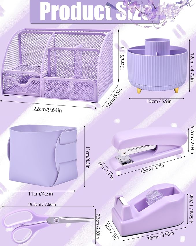 LXEVIHK 21Pcs Purple Desk Organizers and Accessories With Mesh Desk Organizer and 360°Rotating Pen Holder and a Lot of Office Purple Office Supplies Beautifully Presented in a Gift Box - Image 6