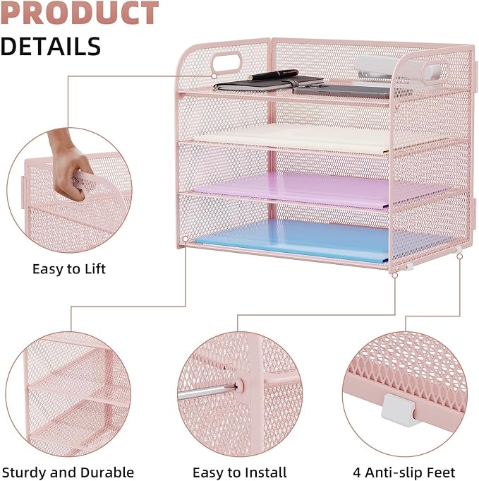 Marbrasse 2 Pack 4 Tier Paper Organizer Letter Tray - Mesh Desk File Organizer with Handle, Paper Sorter Organizer for Letter/A4 Office File Folder Holder (Pink, 12.6" x 9.1" x 10.7") - Image 4