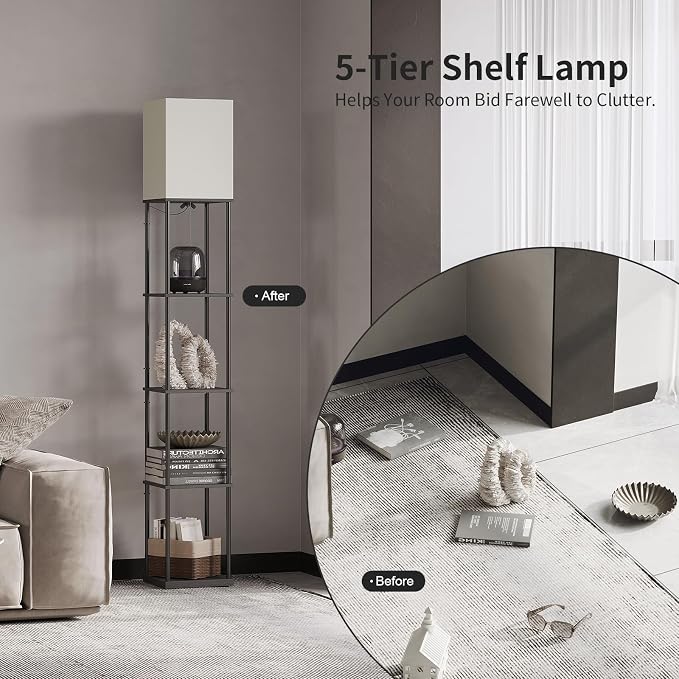 SUNMORY 5 Tier Floor Lamp with Shelves, Modern Square Standing Lamp with 3 Color Temperature Bulb, Corner Display Bookshelf Lamp for Living Room and Bedroom, Tall Shelf Floor Lamp - Image 4