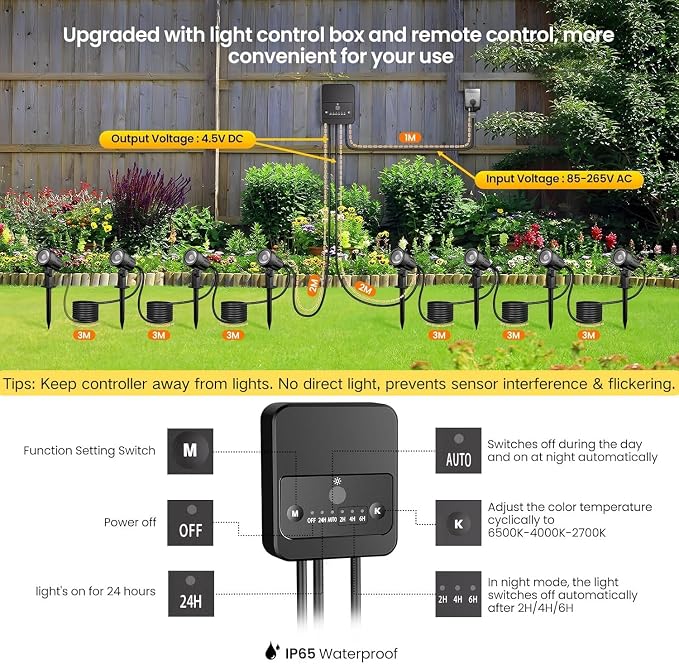 Outdoor Landscape Lighting 2700-6500K Dimmable Spotlights 8 Pack | 3 brightness levels,2 dynamic mode,IP66 waterproof, remote timer & memory,plug and play. Ideal for yards, gardens & pathways - Image 2