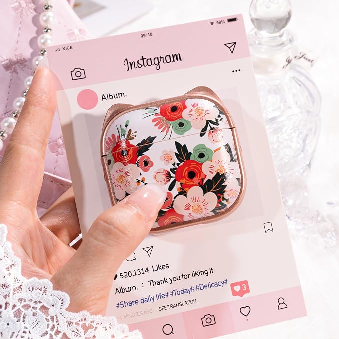 for AirPods 4 Case with Cleaning Kit, Cute Cat Ear Print Design & Cute Buckle, Inverted Phone Holder Design, Top Safe Lock Buckle Design, for Girls AirPods 4 case 2024, Rose Gold Flower - Image 4