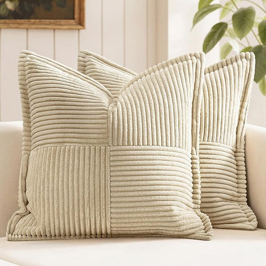 MIULEE Decorative Throw Pillow Covers for Couch Bed Livingroom 20x20 Inch Set of 2 Cream Boho Accent Throw Pllows Broadside Striped Patchwork Soft Corduroy Pillowcases by MIULEE