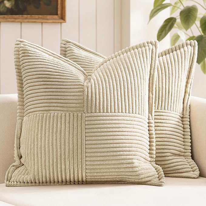 MIULEE Decorative Throw Pillow Covers for Couch Bed Livingroom 16x16 Inch Set of 2 Cream Boho Accent Throw Pllows Broadside Striped Patchwork Soft Corduroy Pillowcases by MIULEE