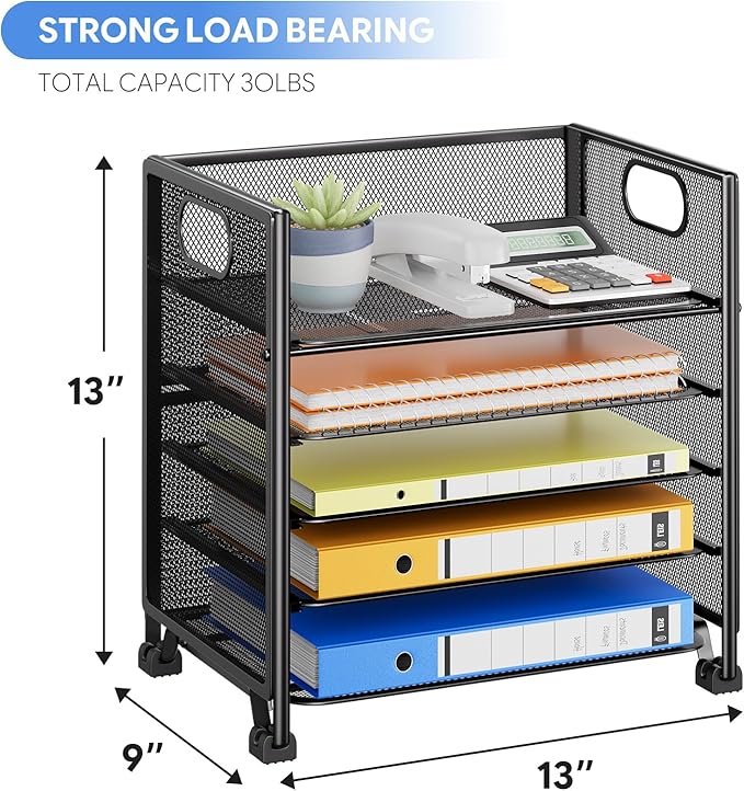 Simple Trending 5-Tier Paper Tray Organizer, File Organizer for Desk, Black | Letter Tray Holder with Handle. Sturdy Metal Frame. Non-slip Feet. Black for Office Home School. 13.25"L x 9.25"W x 13"H - Image 3