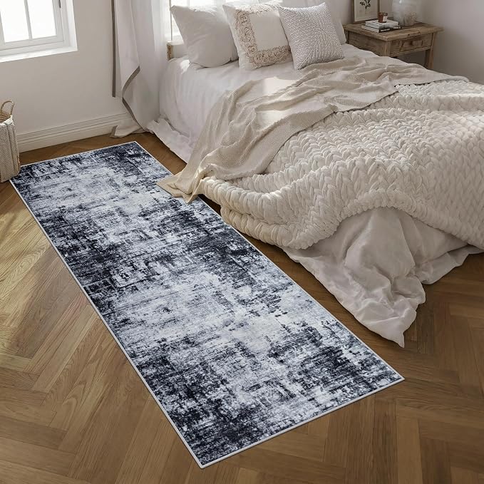 Washable Area Rug 3x10 Entryway Rug: Washable Modern Abstract Soft Thin Rug Indoor Floor No Slip Stain Resistant Carpet for Bedroom Dining Room Farmhouse Nursery Home Office - Dark Black - Image 2