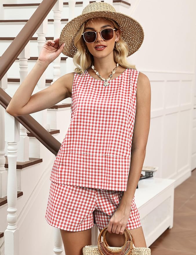 LOMON Women's Trendy 2 Piece Outfits Shorts Sets Summer Crew Neck Sleeveless Tank Top and Bottom Matching with Pockets 2026 - Image 2