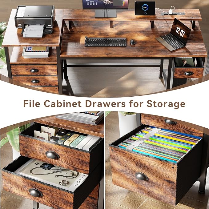 Furologee 60" Computer Desk with 4 Drawers, Power Outlet, LED, Rustic Brown | Home Office Desk with Full Monitor Stand,Storage Shelves, 4 File Drawers Cabinet ,Printer Space for Study Working Bedroom - Image 5