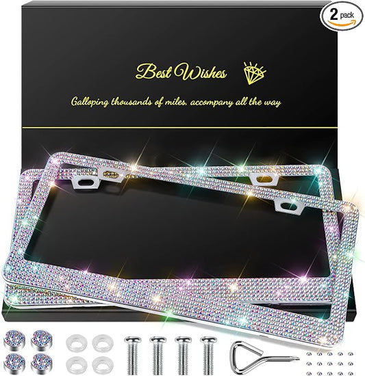 QUANQIUFEI 2 Pack Bling License Plate Frames for Women, Sparkly Rhinestone Diamond Car Accessories with Glitter Crystal Caps (Colorful) by QUANQIUFEI