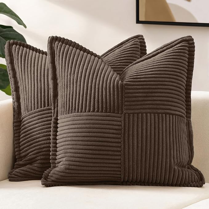 MIULEE Decorative Throw Pillow Covers for Couch Bed Livingroom 20x20 Inch Set of 2 Dark Brown Boho Accent Throw Pllows Broadside Striped Patchwork Soft Corduroy Pillowcases by MIULEE