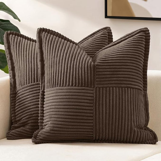 MIULEE Decorative Throw Pillow Covers for Couch Bed Livingroom 18x18 Inch Set of 2 Dark Brown Boho Accent Throw Pllows Broadside Striped Patchwork Soft Corduroy Pillowcases by MIULEE