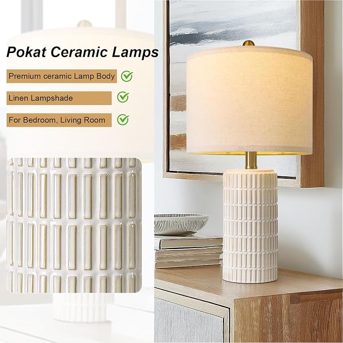 PoKat 20.75" Small Modern Ceramic Table Lamps Set of 2 for Bedroom, White Bedside Lamps for Night Stands, Farmhouse Desk Home Decor Gift Nightstand Table Lamps for Living Room End Table Beige - Image 6