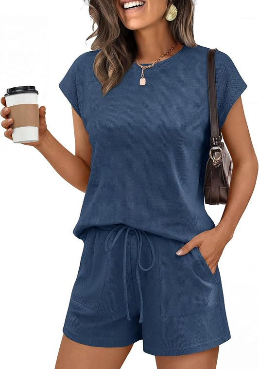 ANRABESS Womens Waffle Knit 2 Piece Short Sets Cap Sleeve Summer 2026 Matching Lounge Outfits Travel Beach Vacation Sweatsuit by ANRABESS