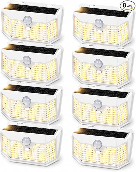 HMCITY 120 LED Solar Lights Outdoor with Motion Sensor and 3 Lighting Modes, IP65 Waterproof Wide Solar Wall Lights Ideal for Garden Patio Yard (Front Button 8Packs, White Shell-Warm White) by LightingUpYourLife