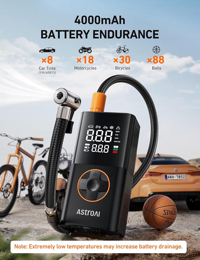 AstroAI L7 Tire Inflator Portable Air Compressor Cordless-2pack Bike Pump with Digital Dual Values Display, 150 PSI Car Tires Pump with LED Lights Air Pump for Cars, Motorcycles, Bikes, Balls Orange - Image 4