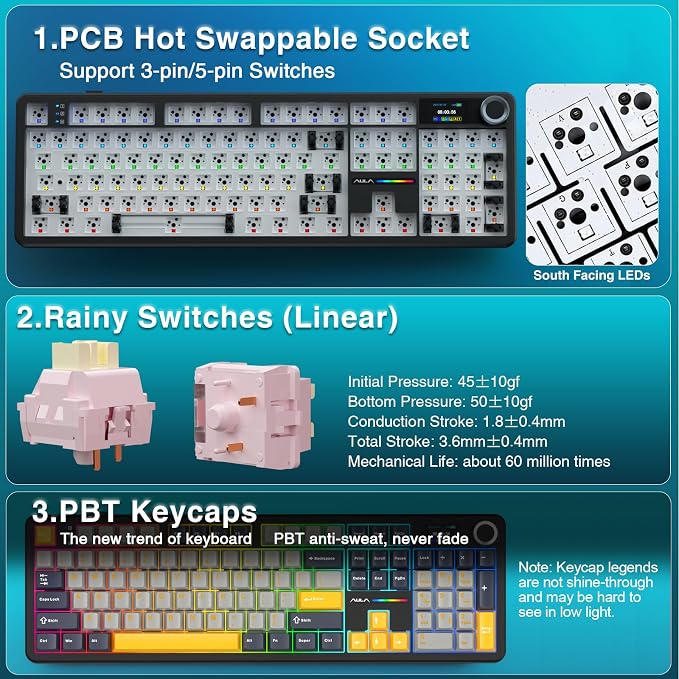 AULA F108 PRO - Wireless Mechanical Keyboard with Screen&Knob,Hot Swappable Gaming Keyboard with 8000mAh Battery,Pre-lubed Switches,RGB Backlit,PBT Keycaps Creamy Sounding Computer Keyboards,104 Keys - Image 5