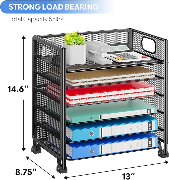 Simple Trending 6-Tier Paper Tray Organizer, File Organizer for Desk, Black | Letter Tray Holder with Handle. Sturdy Metal Frame. Non-slip Feet. Black for Office Home School. 13.35"L x 9.35"W x 15.6"H - Image 2