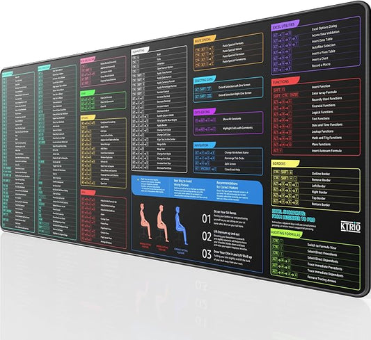 KTRIO Excel Shortcuts Mousepad, Desk Mat, 31.5 x 11.8 in, XL | Smooth Micro-Weave Surface, Shortcut Reference, Non-Slip Rubber Base, Durable Stitched Edges, Office & Home Use by KTRIO